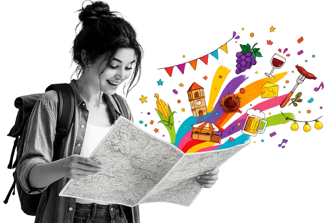 Illustrazione: una ragazza scopre gli eventi colorati sulla mappa
